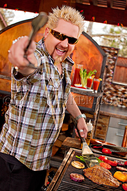TV chef/wildman Guy Fieri - restaurateur, author, television personality, and game show host - for a magazine cover on summer BBQing.